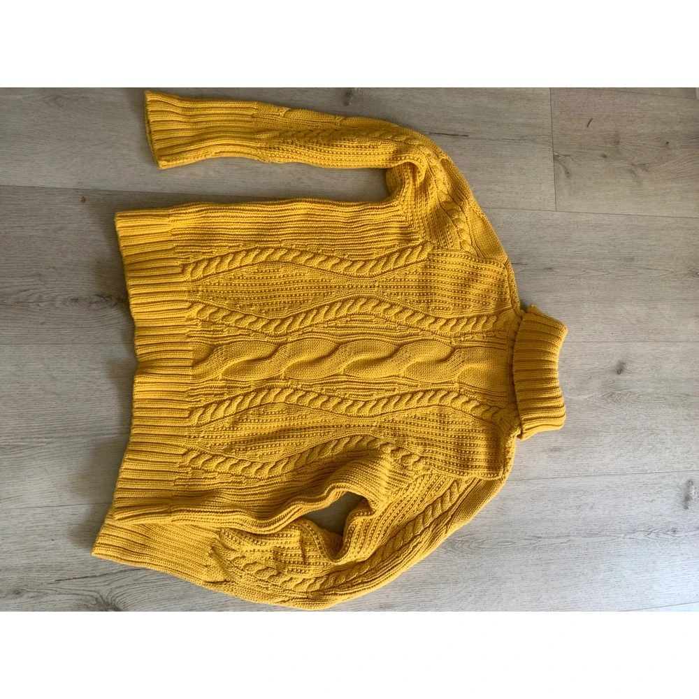 Lands' End Mustard Yellow Cable Knit‎ Turtleneck Sweater Womens XL 100% Cotton